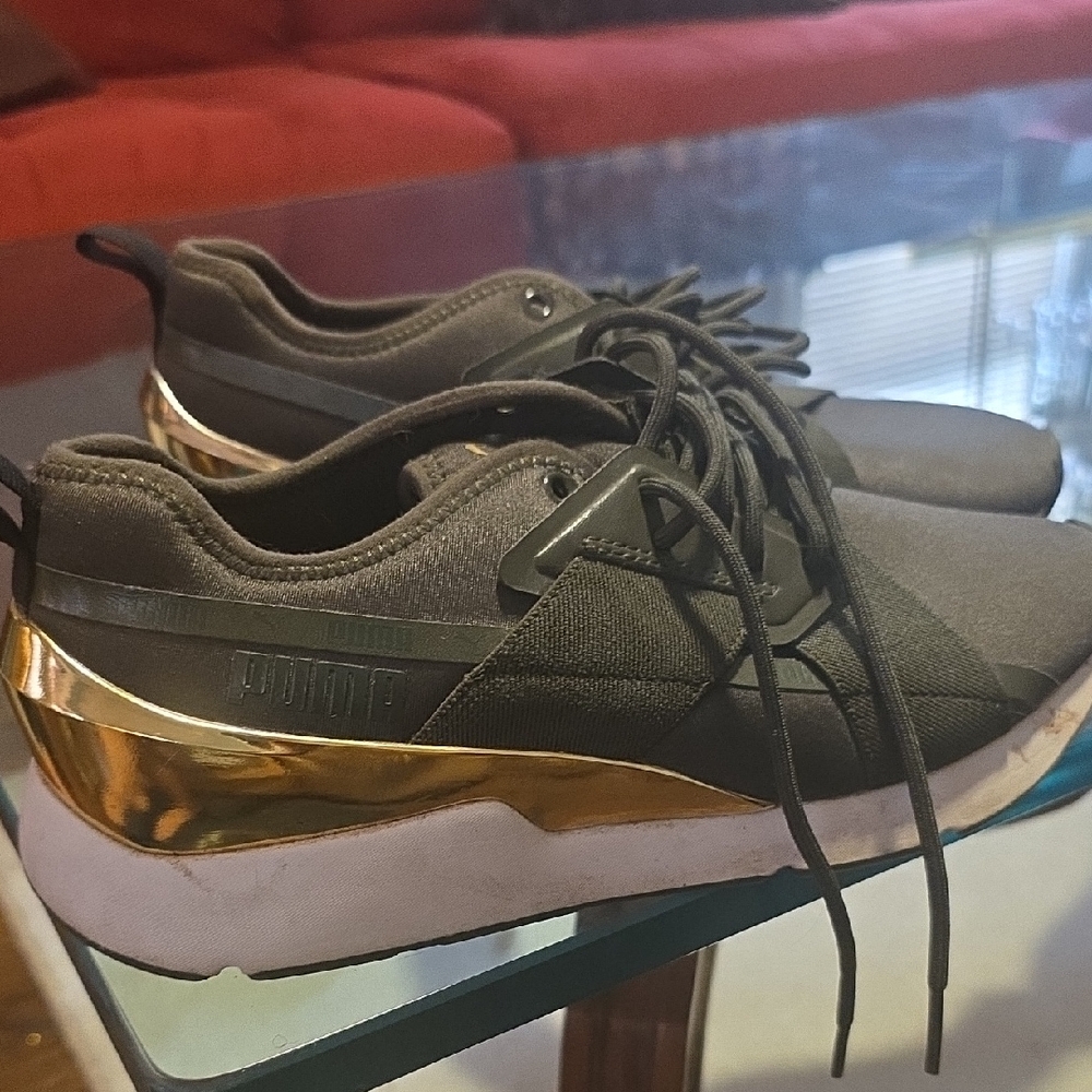 Puma Olive Green Sneakers with Gold Metallic Heel